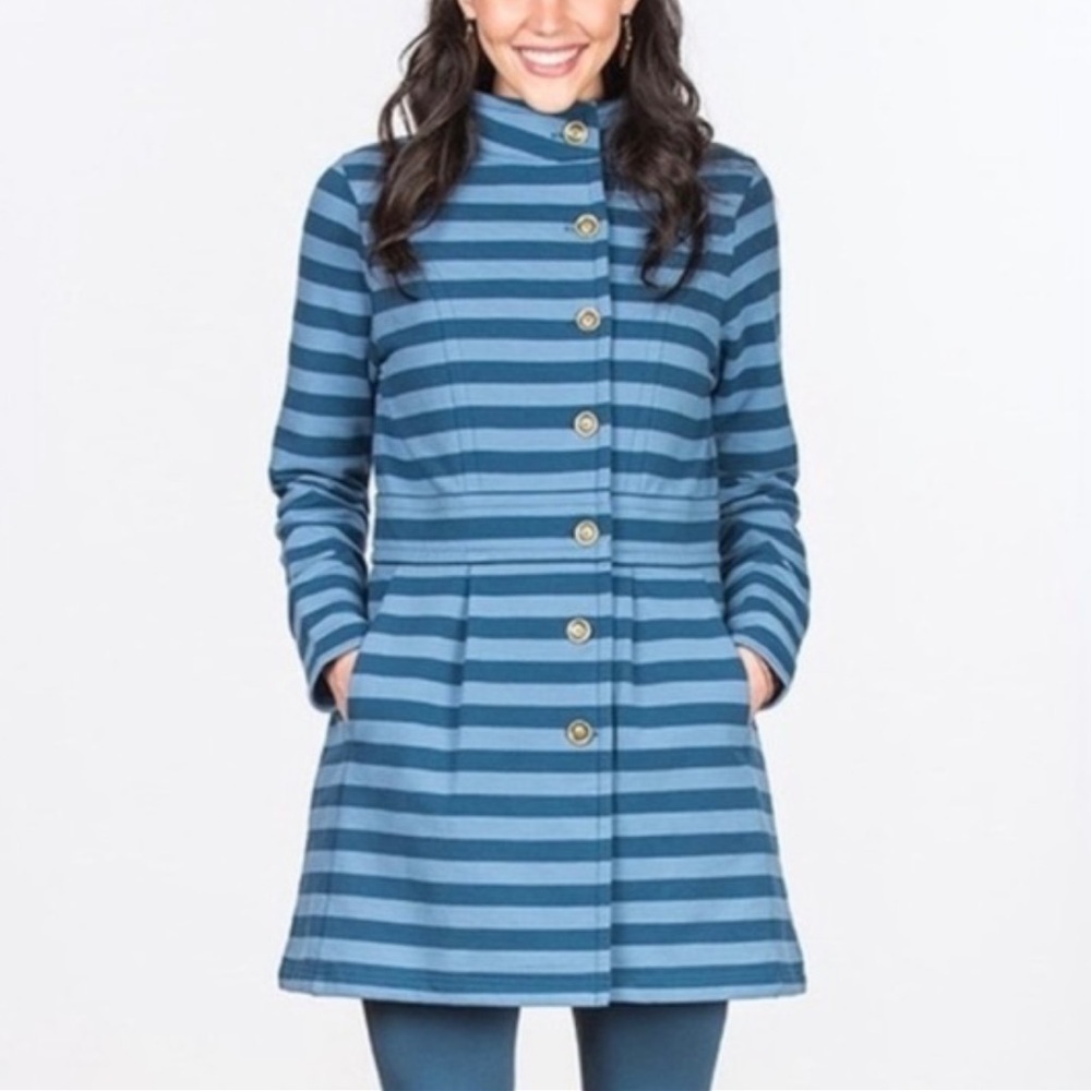 Matilda Jane Fall Breeze Horizontal Striped Blue Peplum Midi Length Jacket Coat
